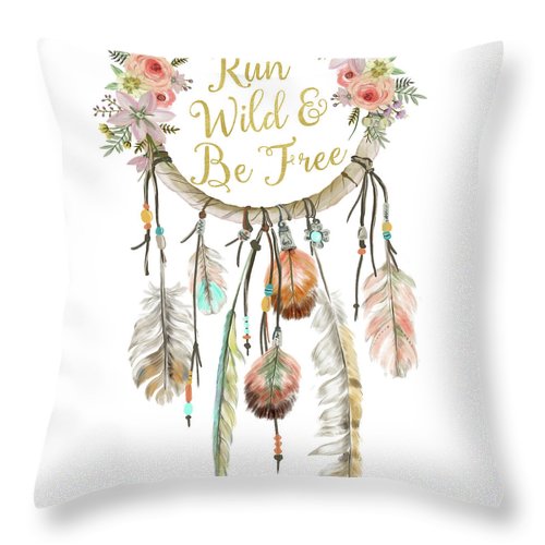Run Wild And Be Free Dreamcatcher Boho Feather Tribal Throw Pillow Baby Girl Nursery Decor