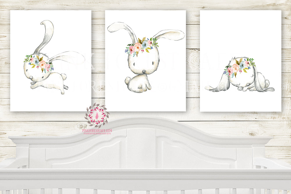 Boho Floral Bunny Rabbit Wall Art Prints Nursery Woodland Girl Baby Kids Room Bedroom Decor Print Set Of 3