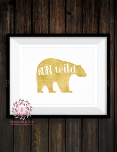 Woodland Gold Bear Run Wild Adventure Wall Art Print Boy Girl Baby Nursery Printable Decor