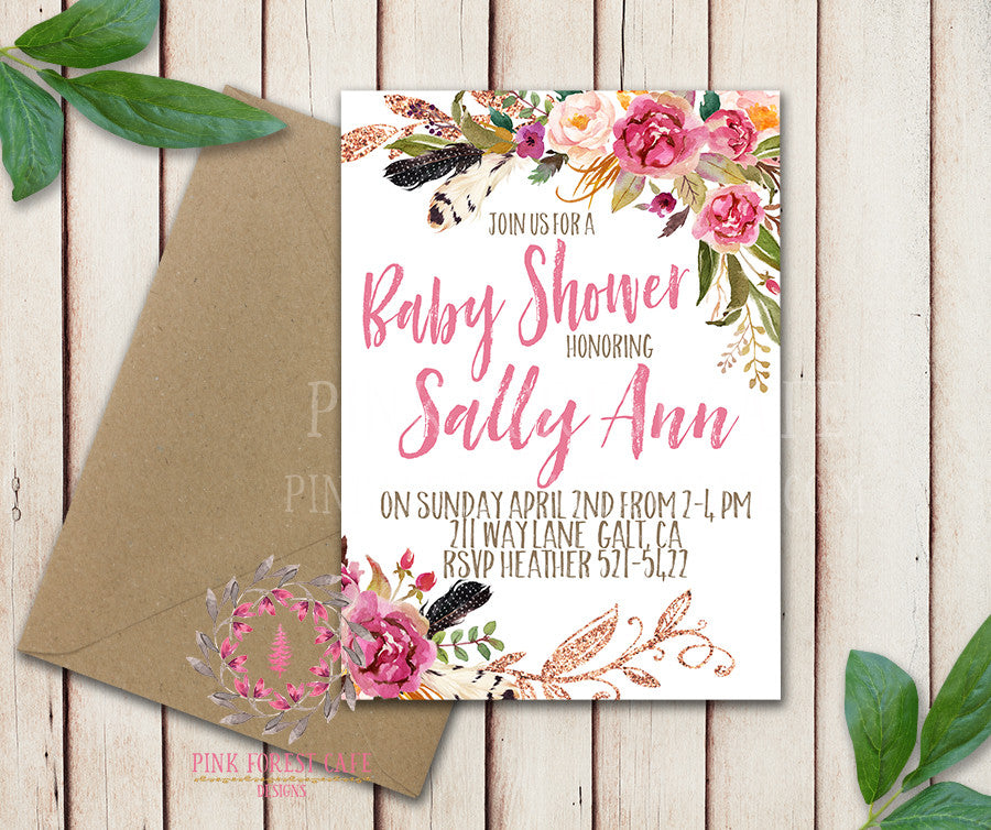 Baby Bridal Shower Birthday Invites Party Wedding Invitation Save The Date Announcement Invite Feathers Tribal Woodland Watercolor Floral Rustic Printable Art Stationery Card