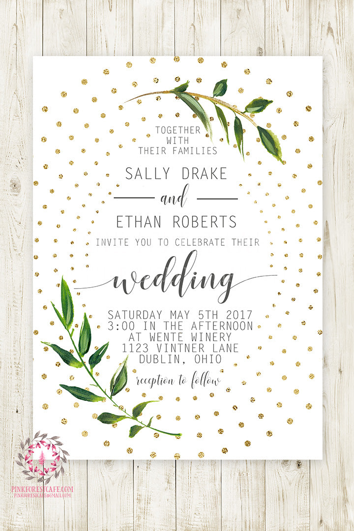 Geometric Greenery Wedding Invite Invitation Bridal Baby Shower Gold Watercolor Save The Date Printable