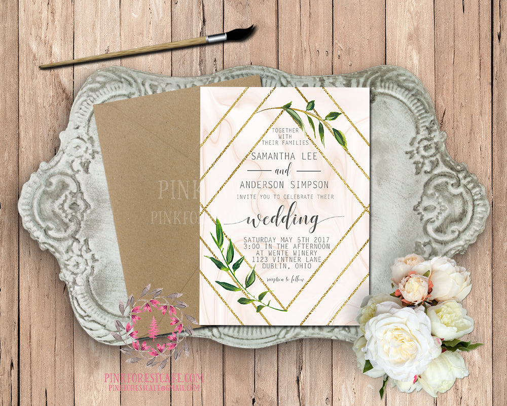 Geometric Marble Greenery Wedding Invite Invitation Bridal Baby Shower Gold Watercolor Save The Date Printable