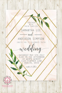Geometric Marble Greenery Wedding Invite Invitation Bridal Baby Shower Gold Watercolor Save The Date Printable