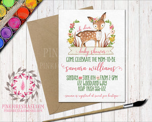 Boho Woodland Deer Baby Bridal Shower Birthday Party Invitation Invite Floral Printable