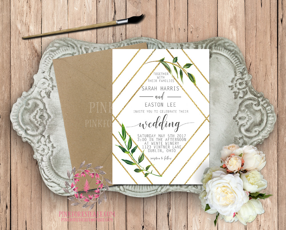Geometric Greenery Wedding Invite Invitation Bridal Baby Shower Gold Watercolor Save The Date Printable