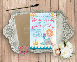 Mermaid Theme Girls Birthday Party Beach Swimming Baby Bridal Shower Printable Invitation Invite