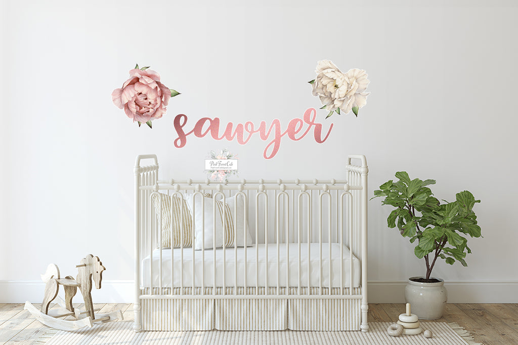 3 Rose Gold Floral Baby Name Wall Decal Peony Peonies Flower Sticker Blush Flowers Boho Decor