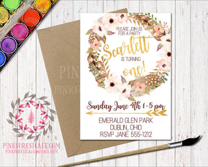 Boho Baby Girl 1st Birthday Party Invitation Invite Feathers Woodland Watercolor Floral Printable