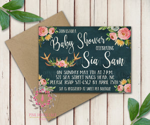 Baby Bridal Shower Birthday Invites Party Wedding Invitation Announcement Invite Deer Antlers Chalkboard Woodland Watercolor Floral Rustic Printable Art Stationery Card