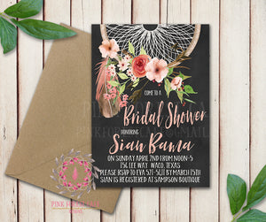 Dreamcatcher Baby Bridal Shower Chalkboard Birthday Party Wedding Invitation Save The Date Announcement Invite Feathers Boho Bohemian Chic Tribal Woodland Watercolor Floral Rustic Printable Art Stationery Card