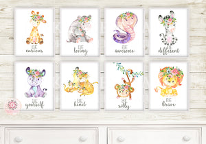 8 Boho Monkey Zebra Giraffe Lion Elephant Wall Art Print Zoo Nursery Baby Girl Floral Set Lot Prints Printable Decor