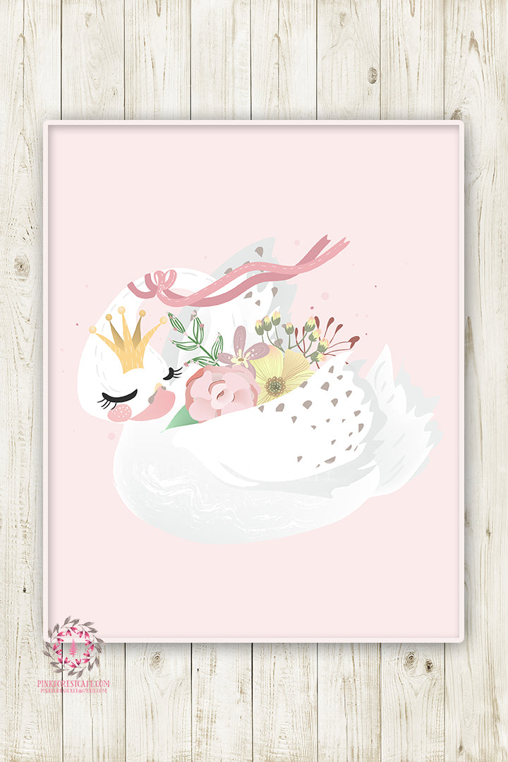 Boho Swan Baby Girl Nursery Wall Art Print Ethereal Pink Gold Crown Wh ...