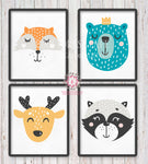 Set Lot Of 4 Sleeping Boho Sleepy Bear Fox Deer Raccoon Woodland Nursery Decor Wall Art Printable Print Prints