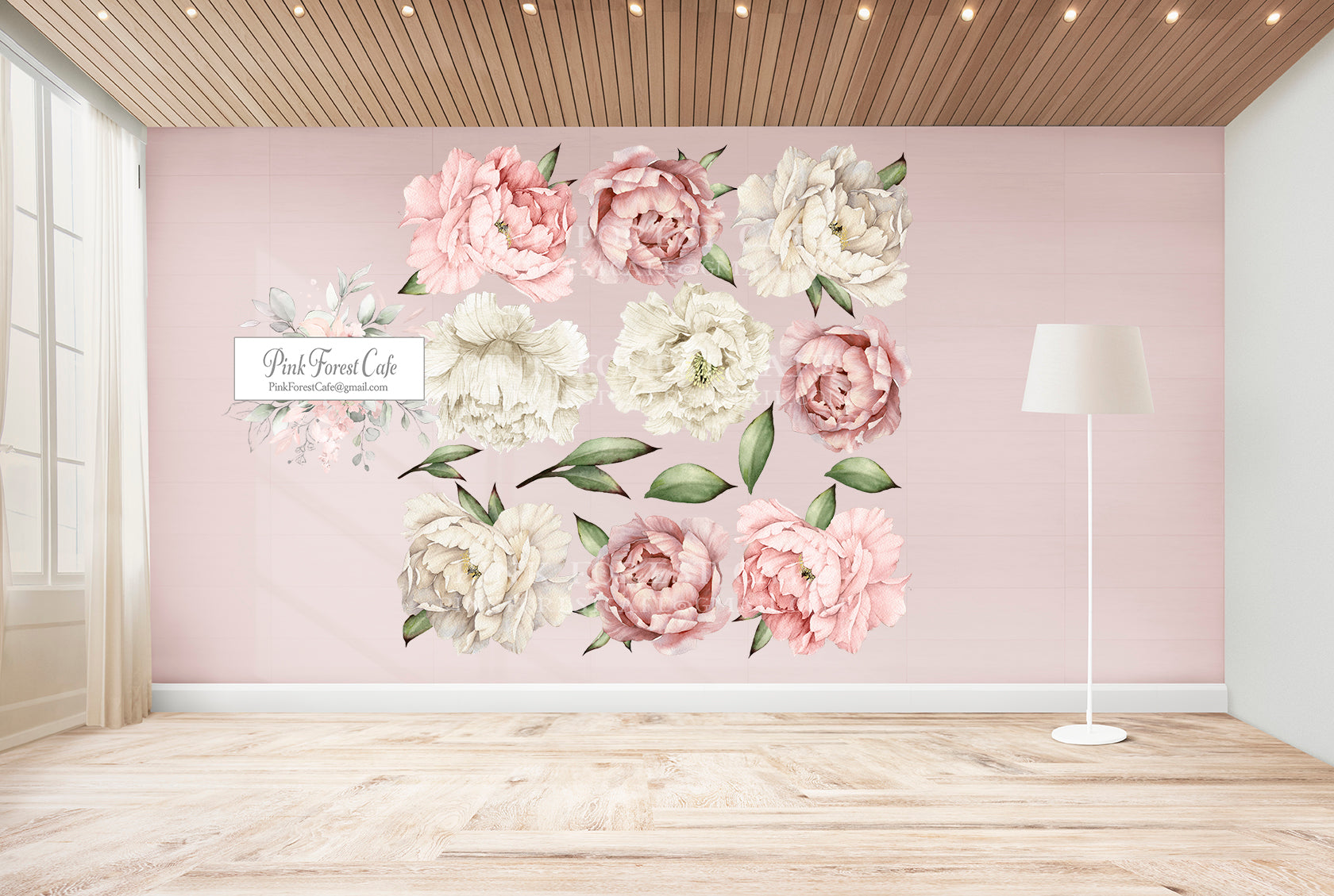 20x20" Pink Blush White Peonies Peony Wall Decal Sticker Rose Floral Watercolor Flowers Boho Decor