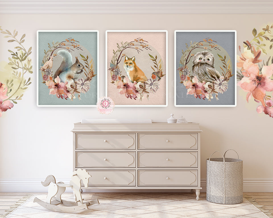 3 Fox Squirrel Owl Ethereal Wall Art Print Baby Nursery Woodland Forest Boho Room Set Lot Prints Printable Home Decor