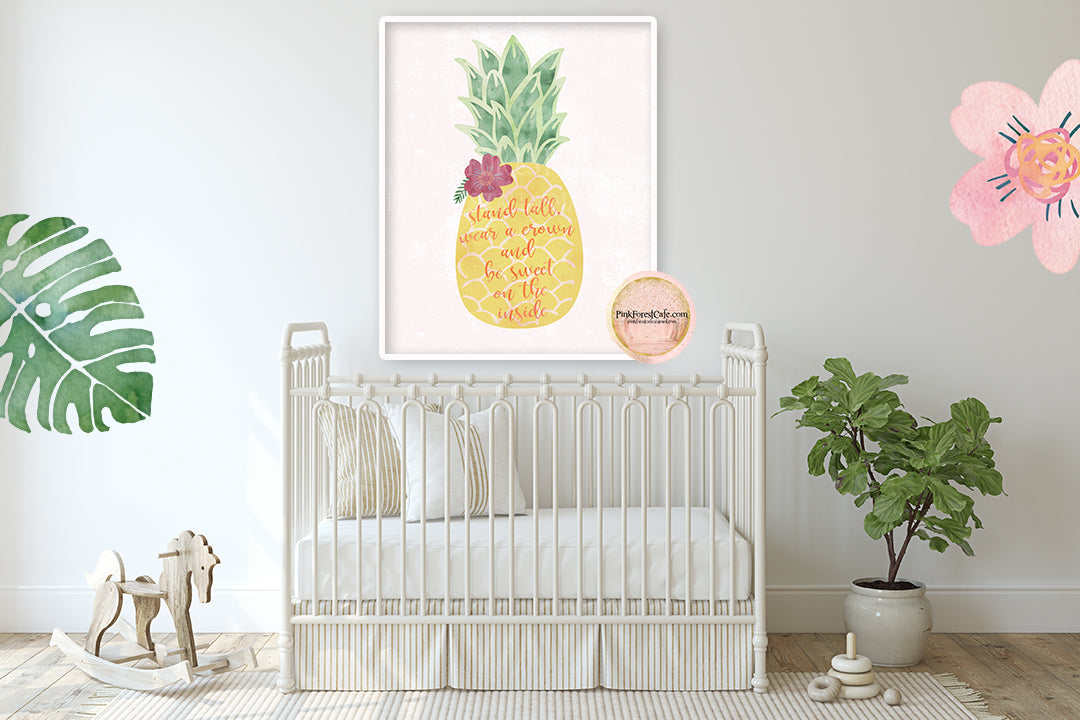 Stand Tall Pineapple Wall Art Print Tropical Baby Girl Nursery Ethereal Whimsical Floral Printable Decor