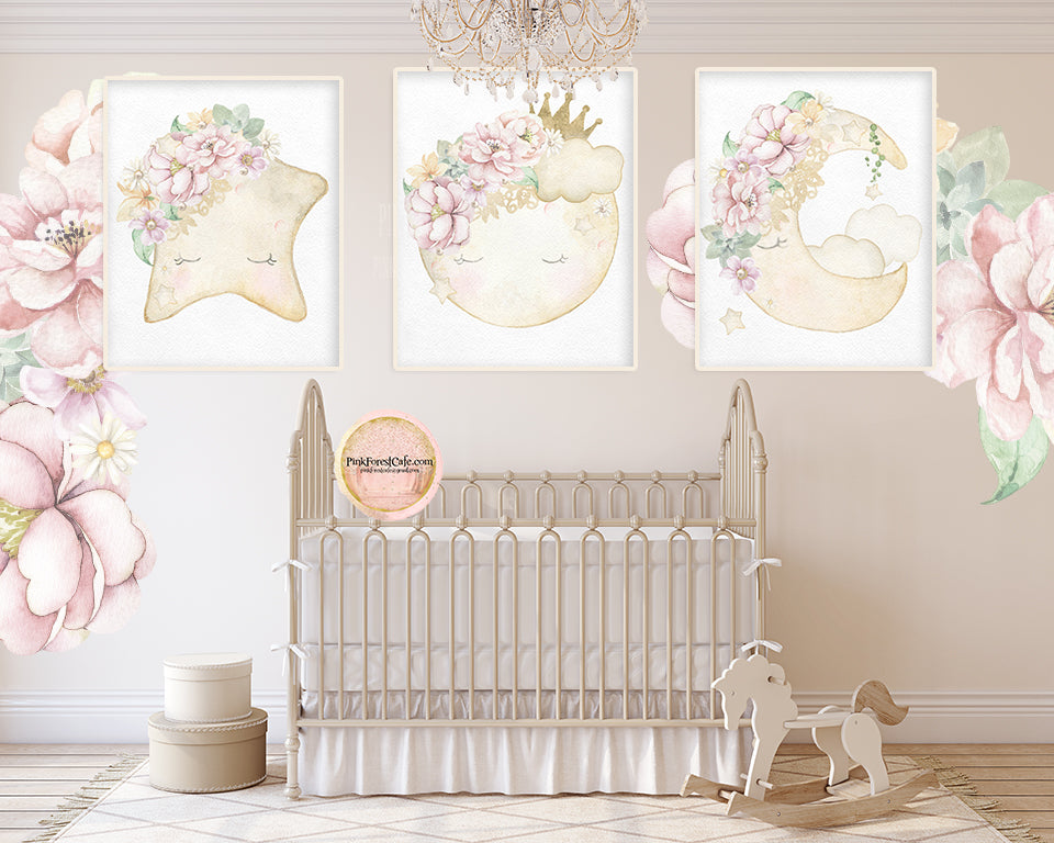 3 Boho Star Moon Lace Wall Art Print Baby Girl Blush Ethereal Nursery Room Watercolor Printable Decor