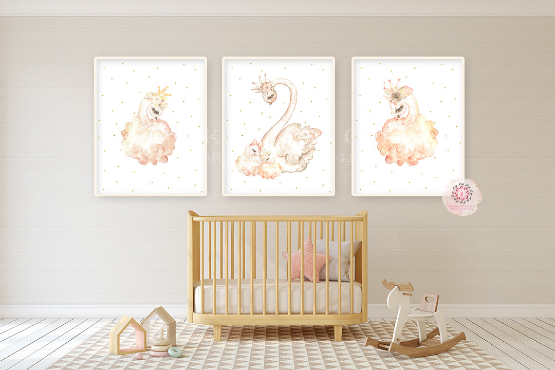 3 Boho Swan Baby Girl Nursery Wall Art Print Ethereal Crown Whimsical ...