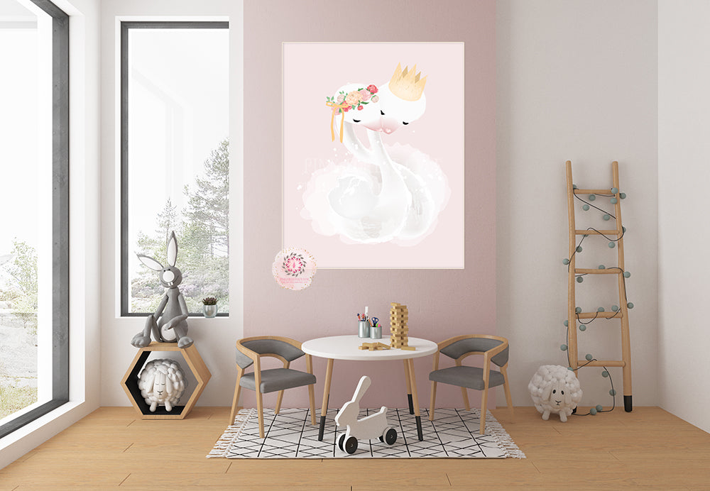 Boho Swan Baby Girl Nursery Wall Art Print Ethereal Pink Gold Crown Wh ...