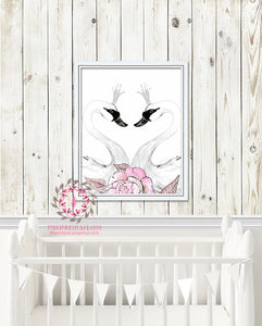 Swan Pink Peonies Watercolor Printable Wall Art Baby Girl Nursery Decor Print