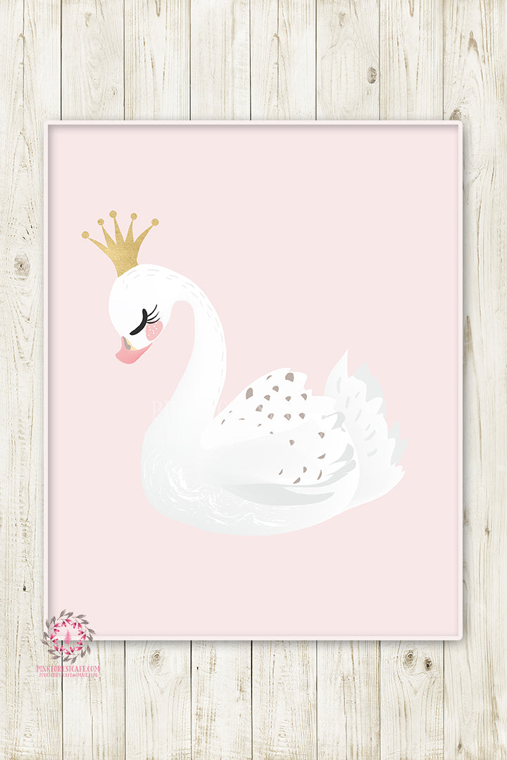 Boho Swan Baby Girl Nursery Wall Art Print Ethereal Pink Gold Crown Wh ...