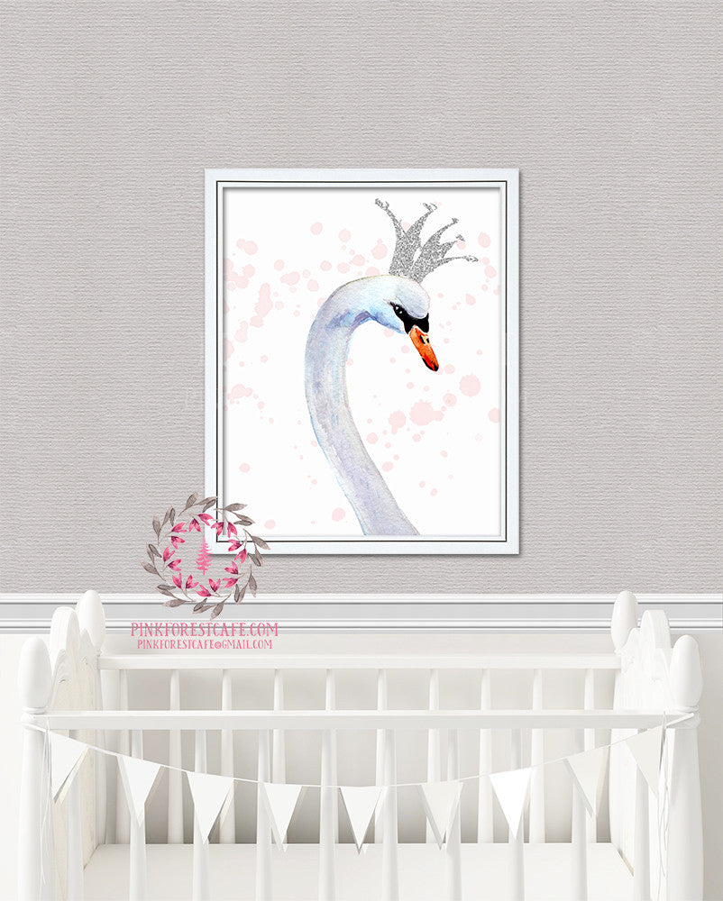 Silver Crown Boho Swan Wall Art Print Watercolor Baby Girl Nursery Printable Decor