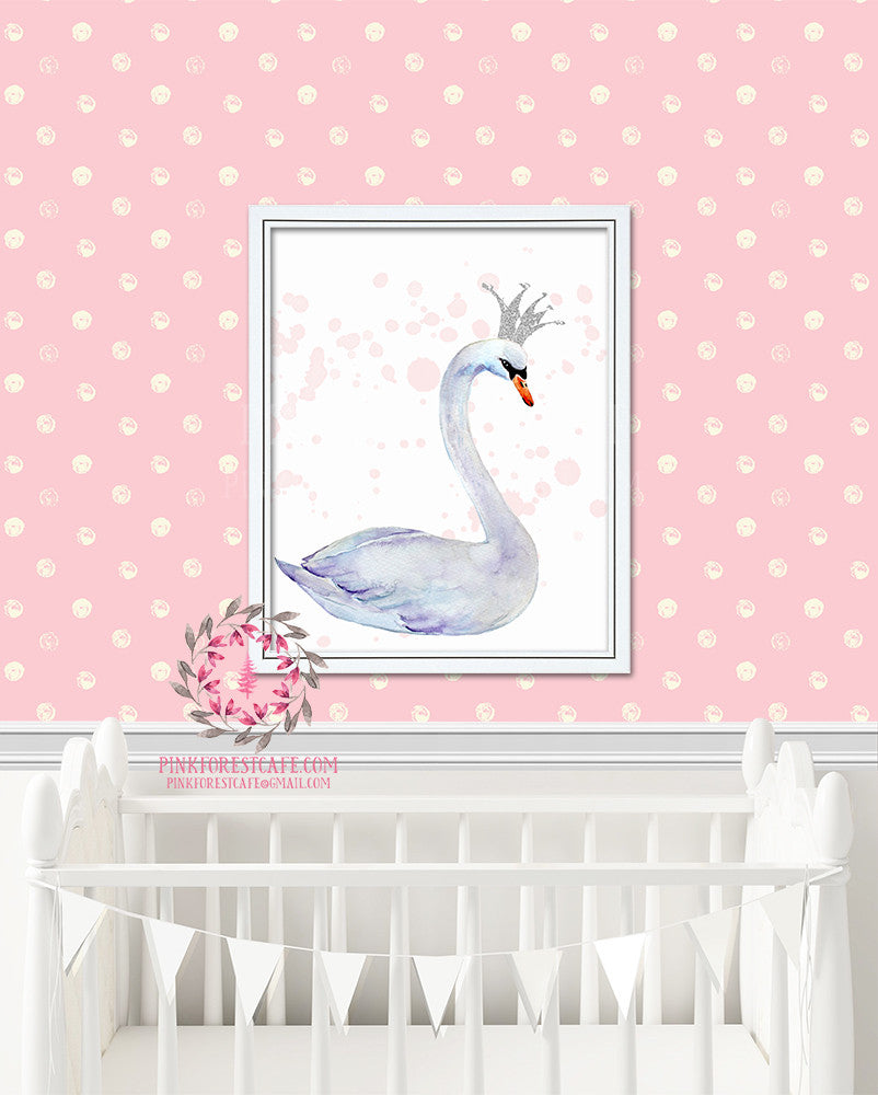 Swan Crown Watercolor Printable Wall Art Baby Girl Nursery Decor Print
