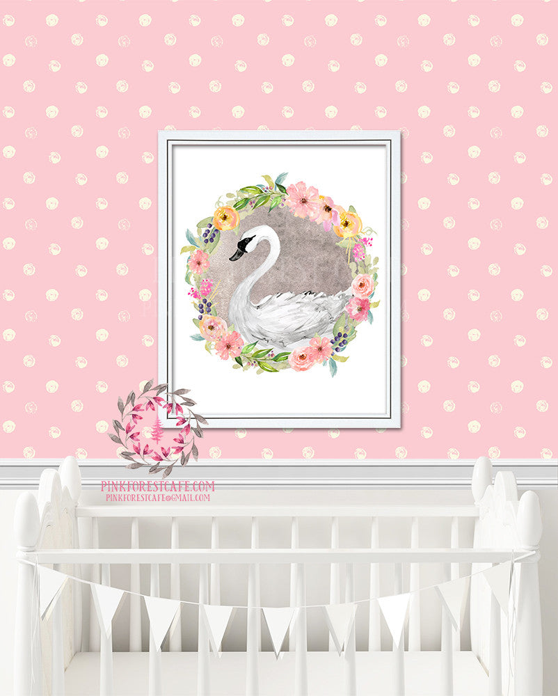 Boho Floral Swan Watercolor Printable Wall Art Baby Girl Nursery Decor Print