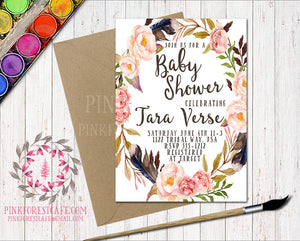 Boho Baby Bridal Shower Birthday Party Feather Tribal Printable Invitation Invite Announcement