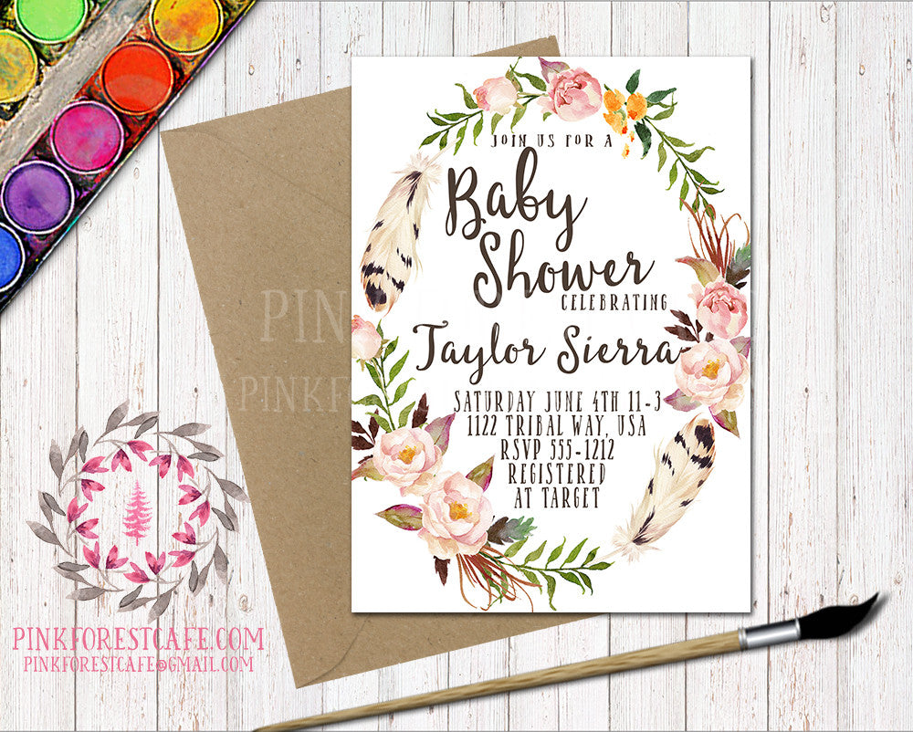 Boho Baby Bridal Shower Birthday Party Feather Tribal Printable Invitation Invite Announcement