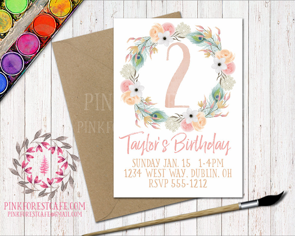 Boho 1st 2nd 3rd 4th 5th Watercolor Floral Birthday Party Printable Invite Invitation