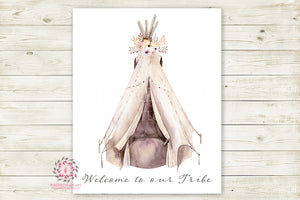 Boho Welcome To Our Tribe Print Wall Art Watercolor Teepee Floral Tribal Woodland Rustic Printable Bohemian Decor