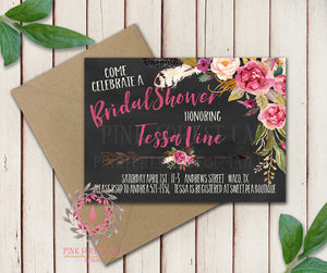 Baby Bridal Shower Chalkboard Birthday Party Wedding Invitation Save The Date Announcement Invite Feathers Boho Bohemian Chic Tribal Woodland Watercolor Floral Rustic Printable Art Stationery Card