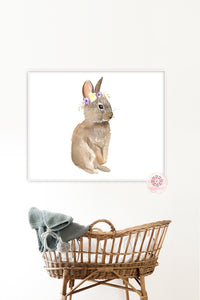 Boho Bunny Rabbit Wall Art Print Purple Floral Nursery Baby Girl Woodland Watercolor Printable Decor