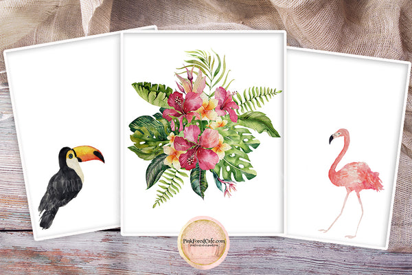3 Pink Flamingo Toucan Wall Art Print Tropical Baby Girl Nursery Ethereal Floral Whimsical Printable Decor