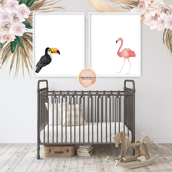 2 Pink Flamingo Toucan Wall Art Print Tropical Baby Girl Boy Nursery Ethereal Whimsical Printable Decor