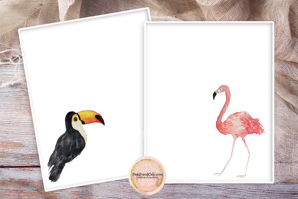 3 Pink Flamingo Toucan Wall Art Print Tropical Baby Girl Nursery Ethereal Floral Whimsical Printable Decor