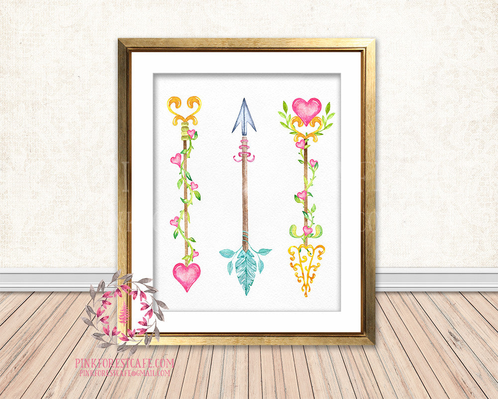 Boho Heart Arrows Tribal Arrow Baby Girl Room Watercolor Floral Printable Wall Art Nursery Print Decor