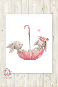 Umbrella Bunnies Bunny Rabbit Wall Art Print Boho Girl Nursery Baby Room Watercolor Printable Decor