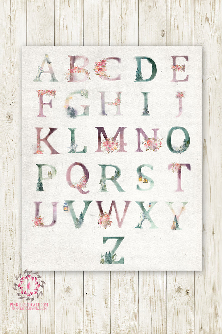 Unicorn Ethereal ABC Woodland Wall Art Print Sampler Alphabet Baby Nursery Rustic Printable Decor