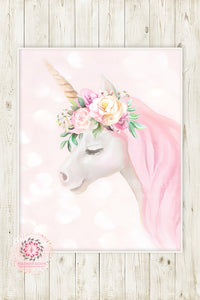Boho Bokeh Unicorn Wall Art Print Baby Girl Pink Nursery Ethereal Whimsical Floral Printable Decor