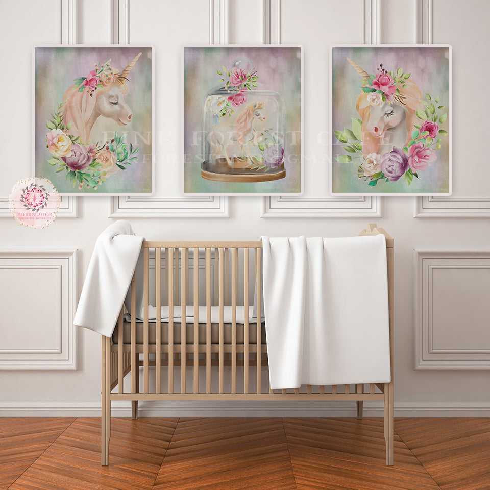 3 Boho Bokeh Unicorn Wall Art Print Baby Girl Pink Nursery Ethereal Whimsical Floral Prints Printable Decor