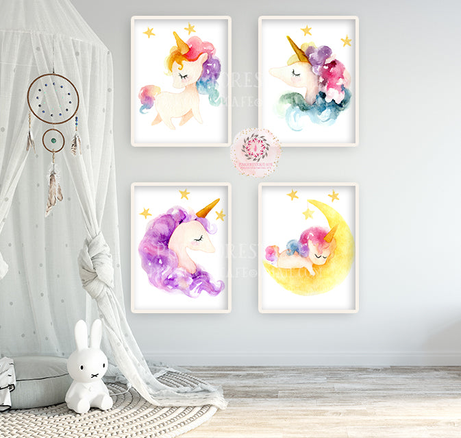 4 Boho Rainbow Unicorn Face Wall Art Print Baby Girl Nursery Ethereal Fantasy Watercolor Prints Set Lot Printable Decor