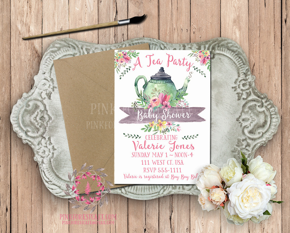 Tea Party Tea Pot Baby Bridal Shower Birthday Party Printable Invitation Invite