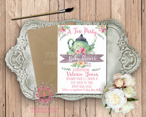 Tea Party Tea Pot Invite Invitation Baby Bridal Shower Birthday Party Printable Card