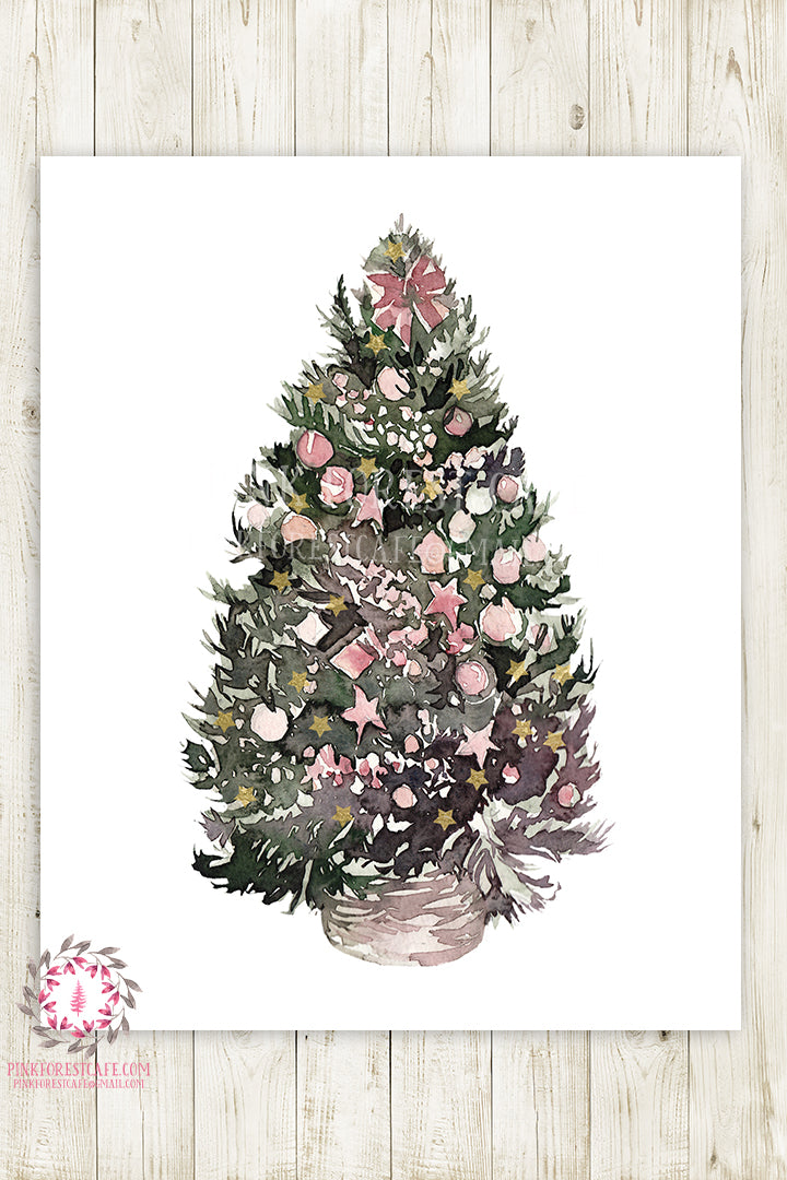 Victorian Christmas Tree Woodland Holiday Wall Art Print Floral Watercolor Printable Home Decor