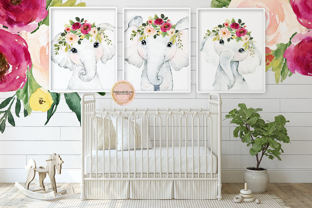 3 Boho Red Blush Peony Elephant Wall Art Print Baby Girl Nursery Room Floral Bohemian Watercolor Printable Decor