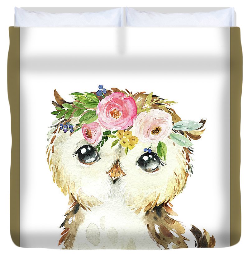 Watercolor Woodland Owl Wall Art Print Tapestry - Duvet Cover