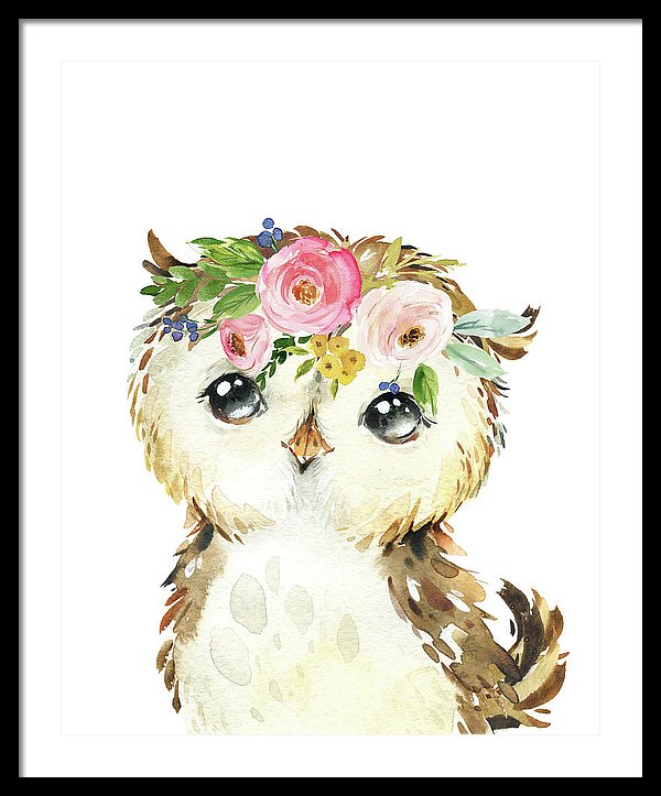 Watercolor Woodland Owl Wall Art Print Tapestry - Framed Print