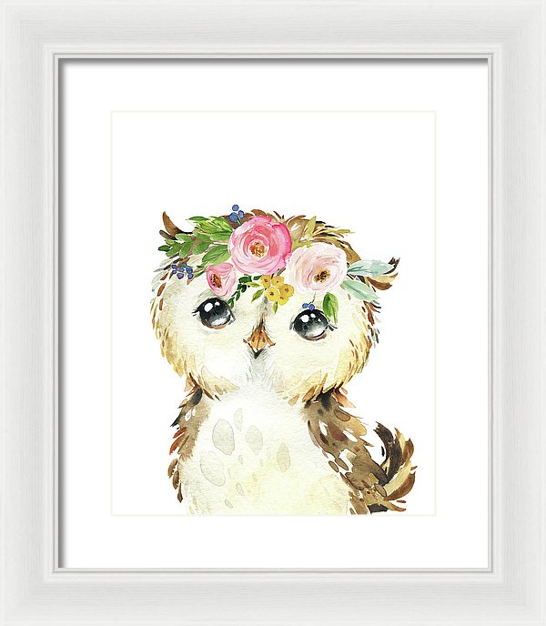 Watercolor Woodland Owl Wall Art Print Tapestry - Framed Print